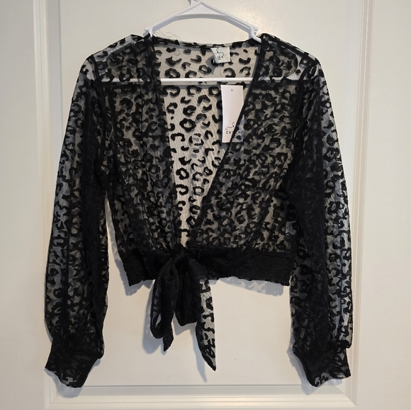 Ember Black Lace Leopard Print Tie Blouse Top - Picture 1 of 1